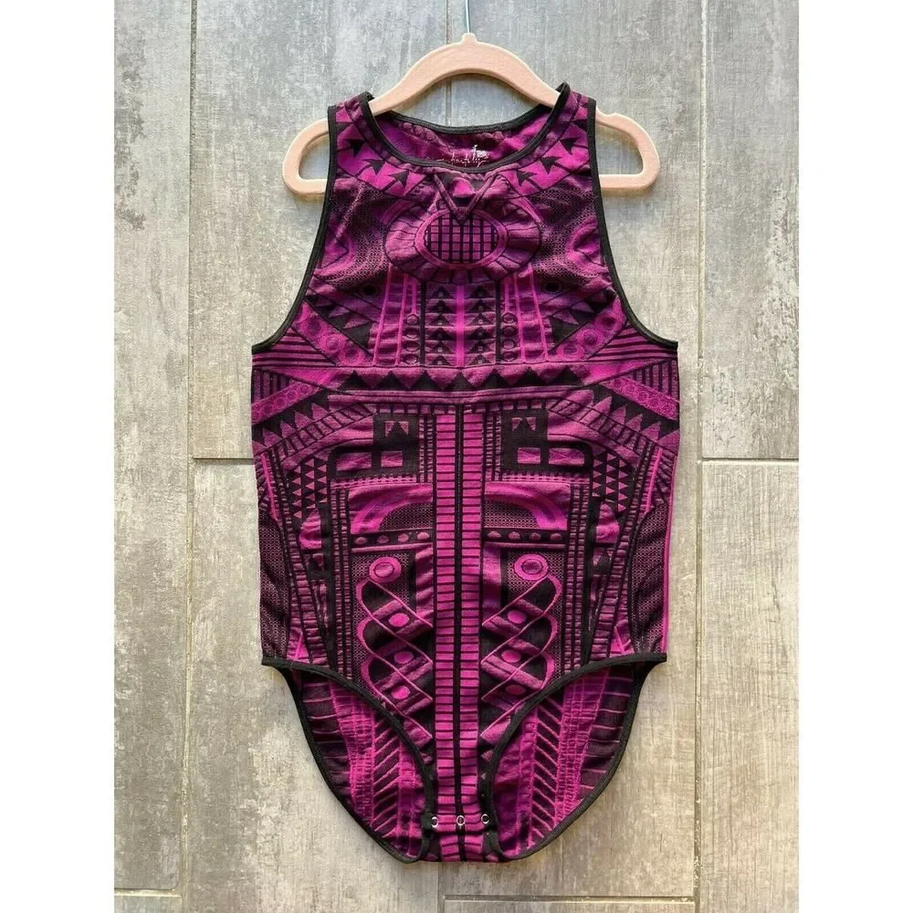 Intimately Free People Tribal Fitted Purple Black High Neck Stretch Bodysuit M